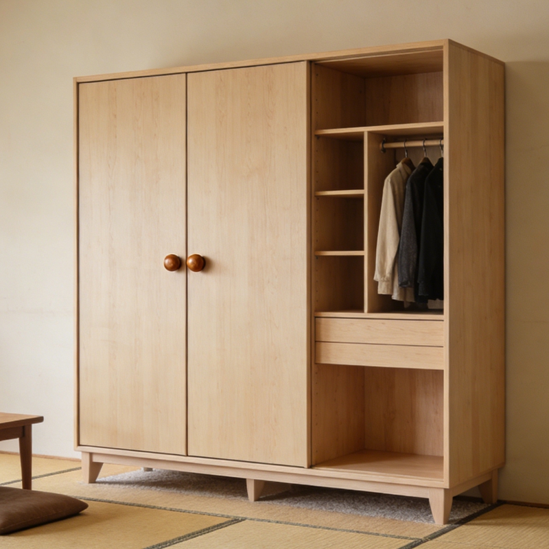 Um guarda-roupa feito de madeira compensada